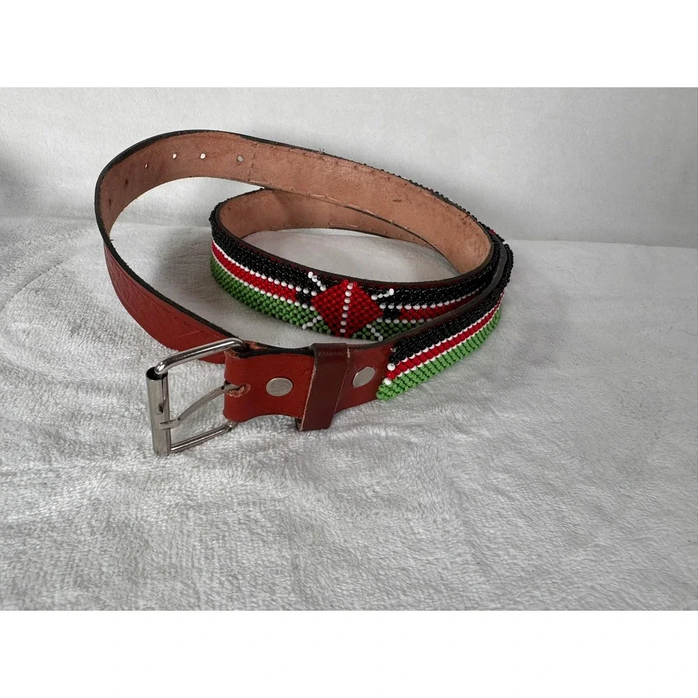 Set of 2 Mens Maasai Beaded Leather Belts Kenyan Flag Shield Black Red 45-47 in